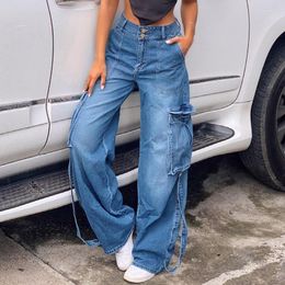 Women's Pants Women's Fashion 2023 Street Retro Big Pocket Ribbon Double Button Jeans Streetwear Women Y2k