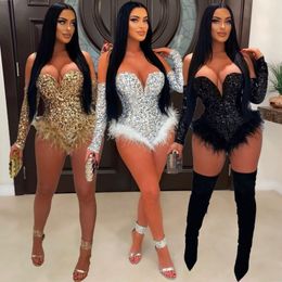 Women's Jumpsuits Rompers Y2k Bodysuit Party Glitter Rough Diamond Sequin Rompers Women Sexy Off Shoulder Feather Bead Flake Jumpsuit Nightclub Outfits 230520