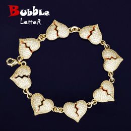 Bracelets 8 Inch Broken Heart Bracelet for Men Gold Colour AAAAA Cubic Zircon Hip Hop Jewellery 2022 Trend
