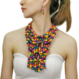 Necklace Earrings Set African Colourful Beads For Women Vintage Handmade Beaded Tassel Bohemia Wood Collar Eardrop Sets