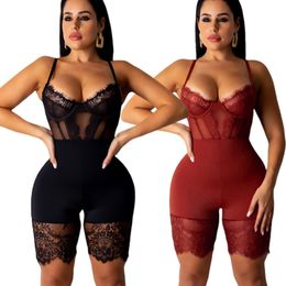 Womens Jumpsuits Rompers Women Sexy Lace Backless Shorts Jumpsuit Hollow Out Playsuit Mesh Bodycon Strappy Ladies Sleeveless Romper 230520