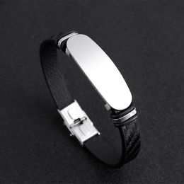 Bangles Men's Leather Bracelet Blank For Engrave Metal Leather Bracelet Bangles with Stainless Steel Plate Wholesale 10pcs