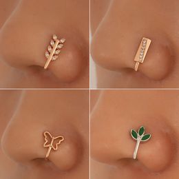 Nose Clips Rings Studs Hoops for Women Non-Piercing Leaf Butterfly Crystal Body Jewlery U Shape Copper Gold Color Wholesale 2023 New