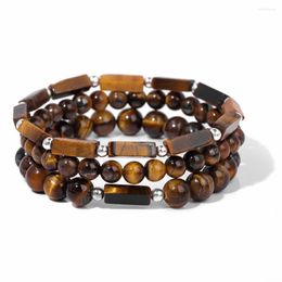 Strand 3pcs/set Tiger Eye Bracelets For Men Lapis Lazuli Bloodstone Cuboid Beads Bracelet Set Yoga Meditation Jewelry Pulsera Hombre