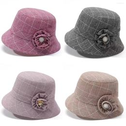 Wide Brim Hats Fall Spring Winter Cloche Bucket Floral Cap Elegant Ladies Women Imitation Wool Rose Flower Felt Hat Dome Warm Bowler