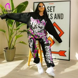 Pants Graffiti Print Women Twopiece Set Loose Hoodies and Baggy Sweatpants Black High Street Jogging Pants Matching Suit Set Outfits