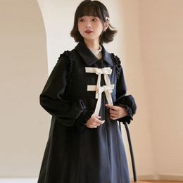 Women's Wool & Blends Japanese Winter Kawaii Coat Women 2023 Korean Black Bow Quilted Long Female Thicken Warm Lolita Jacket Overcoat