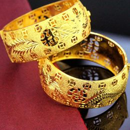 Bangle HOYON 999 Yellow Gold Plated Dragon Phoenix Double Happiness Bracelet For Women Brass Bride Wedding Jewelry Bangles 25X56CM