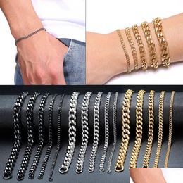 Chain M11Mm Mens 14K Gold Plated Women Cuban Link Chains Stainless Steel Curb Bracelet Sier Black Color Wrist Bracelets Gift Drop De Dhymk