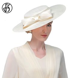 Wide Brim Hats Bucket Hats FS Elegant Wide Brim Ivory Hats For Women Big Bowknot Formal Occasion Kentucky Cap Lady Wedding Cocktail Party Flat Top Fedoras 230519