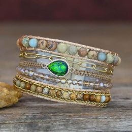 Bracelets Bohemian Green Opal Vegan Bracelet Healing Natural Stone 5 Layers Bracelet Best Gift Dropshipping