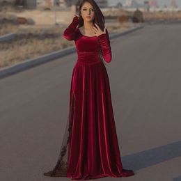 Burgundy Velvet Caftan Evening Long Rleeve Black Lace Dubai Formalne suknie imprezowe Longo Promowe suknie