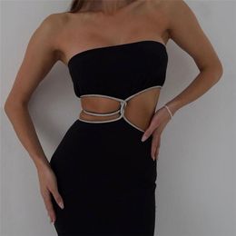 Basic Casual Dresses Puloru Black Off Shoulder Party Tube Top Dress Elegant Retro Sleeveless Strapless Hollow Out Backless Split Wrap Dress Vestidos 230520