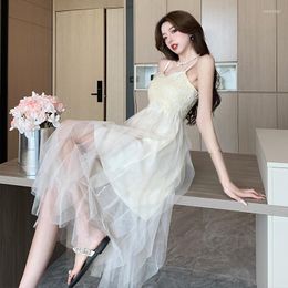 Casual Dresses Summer Women Long Dress Sweet Girl White Light Wedding Fairy Mesh Daily Small Sexy Bra Strap Slim Loose Suspended