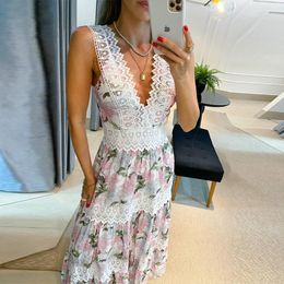 Casual Dresses 2023 Spring Summer Women Dress Floral Print Lace Deep V Neck Sleeveless Slim Elegant Holiday A-line Party Beach