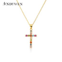 Pendant Necklaces ANDYWEN 925 Sterling Silver Gold Clear Zircon Cross Pendant Necklace Long Chain Luxury Clip Wedding Rock Punk Sunmmer Choker 230519