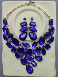 Necklace Earrings Set Royal Blue Zircon Crystal Bib Teardrop Oval Square Bridal Jewellery 4 Colours WC022