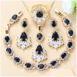 Earrings Necklace Set Africa Women Yellow Gold Colour Big Black Zircon White Crystal Long Stud Earrings/Bracelet/Ring Fourp Dhgarden Dhrvx