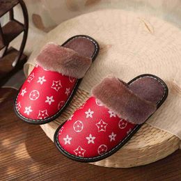 Slippers Unisex PU Leather Slippers Printed Plush Cotton Slipper Women Indoor House Shoes Flat Cosy Home Slippers Winter Warm Flip Flops H1115 J0522