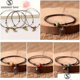 Chain Handmade Wax Rope Ceramic Bead Retro Bell Leaf Charm Bracelet Anklet For Women Adjustable Size Ethnic Style Fashion Ladys Jewe Dhqye
