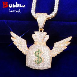 Necklaces Dollar Bag Wing Pendant Gold Color Plated Cubic Zircon Men's Hip Hop Rock Jewelry