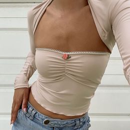 Women's TShirt Elegant Lady 2 Pieces Sets Ruched Strapless Cute Tube Tops Y2K Aesthetics Long Sleeve Shrung Tees Sexy Crop Tops Vintage Clothes 230520