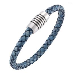 Charm Bracelets Vintage Men Jewellery Blue Braided Leather Mens Bracelet Handmade Stainless Steel Magnet Clasp Fashion Male Wristband Gift
