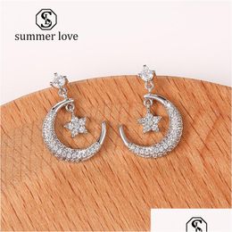 Dangle Chandelier Fashion Star Moon Cubic Zirconia Earring For Women Girl Elegant Cz Micro Pave 925 Sier Pin Bride Wedding Party J Dhd3X