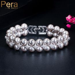 Bangle Pera Elegant Women Silver Colour Double Row Round Wide Grey Pearl Bangle Bracelets for Wedding Bridal Cubic Zirconia Jewellery B157