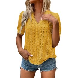 Womens Blouses Shirts In Solid Embroidery Blouse For Women Dressy Casual Hollow V Neck Short Sleeves Shirt Loose Tunic Top Blusas 230519