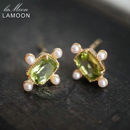 Stud LAMOON Vintage Natural Peridot Gemstone Orecchino per le donne Shell Pearl 925 Sterling Silver Gold Plated Regalo elegante EI018