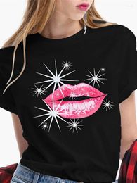 Women's T Shirts Women Tops Sexy Black Mouth Printed Tees Funny Summer Short Sleeves Female Soft Shirt Lips Watercolor Graphic Top