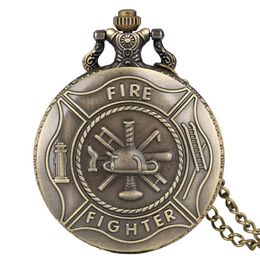 Bronze Classic Fire Fighter Fireman Hero Analogue Quartz Pocket Watch Necklace Chain for Mens Gift Reloj de bolsillo329M