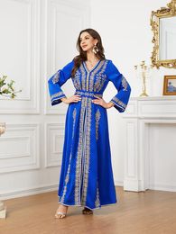 Ethnic Clothing Blue Morocco Kaftan Dubai Turkey Evening Long Dress For Wedding Party Ramadan Muslin 2 Pieces Set With Belt Sunday Pentecost