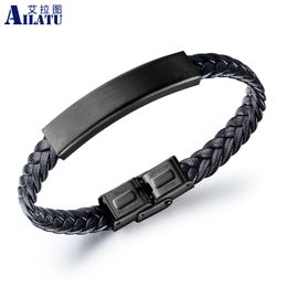 Bracelets Ailatu 10pcs/lot Custom Name Leather Bracelets for Men's Gift Sstainless Steel Black Charm Handmade Braided Leather Jewellery