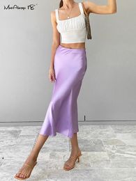 Skirts Mnealways18 Solid Purple Satin Silk Dress Women's High Waist Summer Long Dress Elegant Women's Office Dress Midi Spring 230520