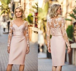 Elegant Pink Satin Mother Of The Bride Dresses For Women Illusion Long Sleeves V Neck Short Prom Party Gowns Knee Length Appliqued Lace Sheath Mother S Dress CL