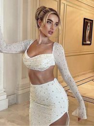 Two Piece Dress Laura Kor Winter Long Sleeve Mesh Beading Maxi White Bodycon Skirt Bandage Set Celebrity Ngiht Party Women's 230520