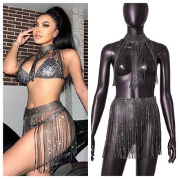 Two Piece Dress Glitter Tassel Skirt Set Women Outfits Night Club Party Wear Rave Festival Sexy Lace Up Body Chain Suits 230520