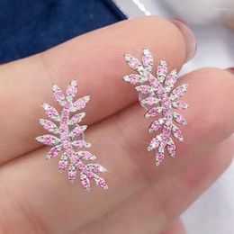Stud Earrings Huitan Leaf For Women Pink/White CZ Temperament Lady's Ear Piercing Fancy Birthday Gift Statement Jewellery