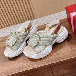 Sandals Summer Shoes Women Stretch Fabric Height Increasing Gladiator Crystal Square Button Platform Sandalias Designer