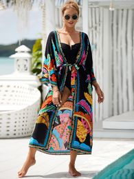 Женские трикотаж Jastie 2023 Boho Printing Swimsuit прикрытие с поясом туникой Sarong Cardigan Dress Женщины бикини сокрытия пляжная одежда кимоно