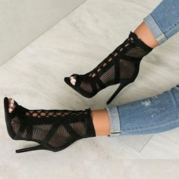 Sandals IPPEUM Fashion Black Summer Lace Up Cross-tied Peep Toe High Heel Ankle Strap Net Surface Hollow Out Size 4-10