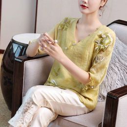 Women's Blouses & Shirts Summer Womens V Neck Embroidery 3/4 Sleeve Ruffled Cheongsam Top Shirt Blouse Yellow Tops For Woman Clothes