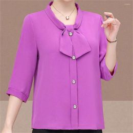 Women's Blouses Summer Bow Neck Button Shirt Women Casual Solid Color Three-Quarters Sleeve Decorated Chiffon Blouse Fashion StreetWear