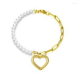 Link Bracelets Stainless Steel Pearl Square Chain Hollow Heart Pendant Charm Bracelet Piece Chaine Homme Femme