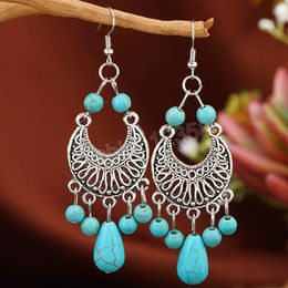 Fashion Retro Ethnic Silver Colour Hollow Crescent Big Water Drop Turquoise Earrings Long Tassel Earrings with Accessories Female