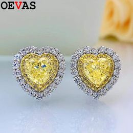 Stud OEVAS 100% 925 Sterling Sliver 7*7mm HeartShaped Yellow High Carbon Diamond Earring For Women Sparkling Party Fine Jewelry NEW