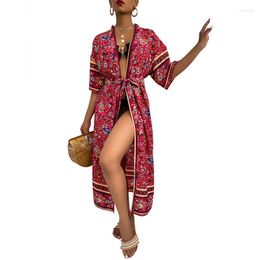 Women's Swimwear 2023Bohemian Shawl Beach Cover Up Dress Women Blouse Tunic Long Sashes Boho Printed Bikinis Ups Swim Robe Plage Beachwear