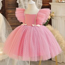 Baby Girl Solid Dot Tulle Dress 1-5T Children Bow Designer Flying Sleeve Skirt Kids Spring & Summer Princess Dresses